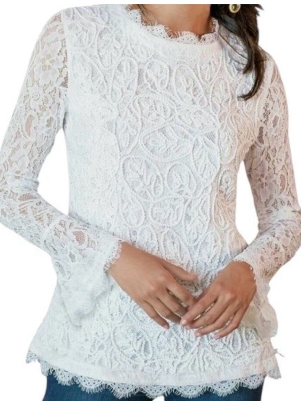 Soft Surroundings Lilith White Lace Tunic Top Bell Sleeve Boho Romantic Medium